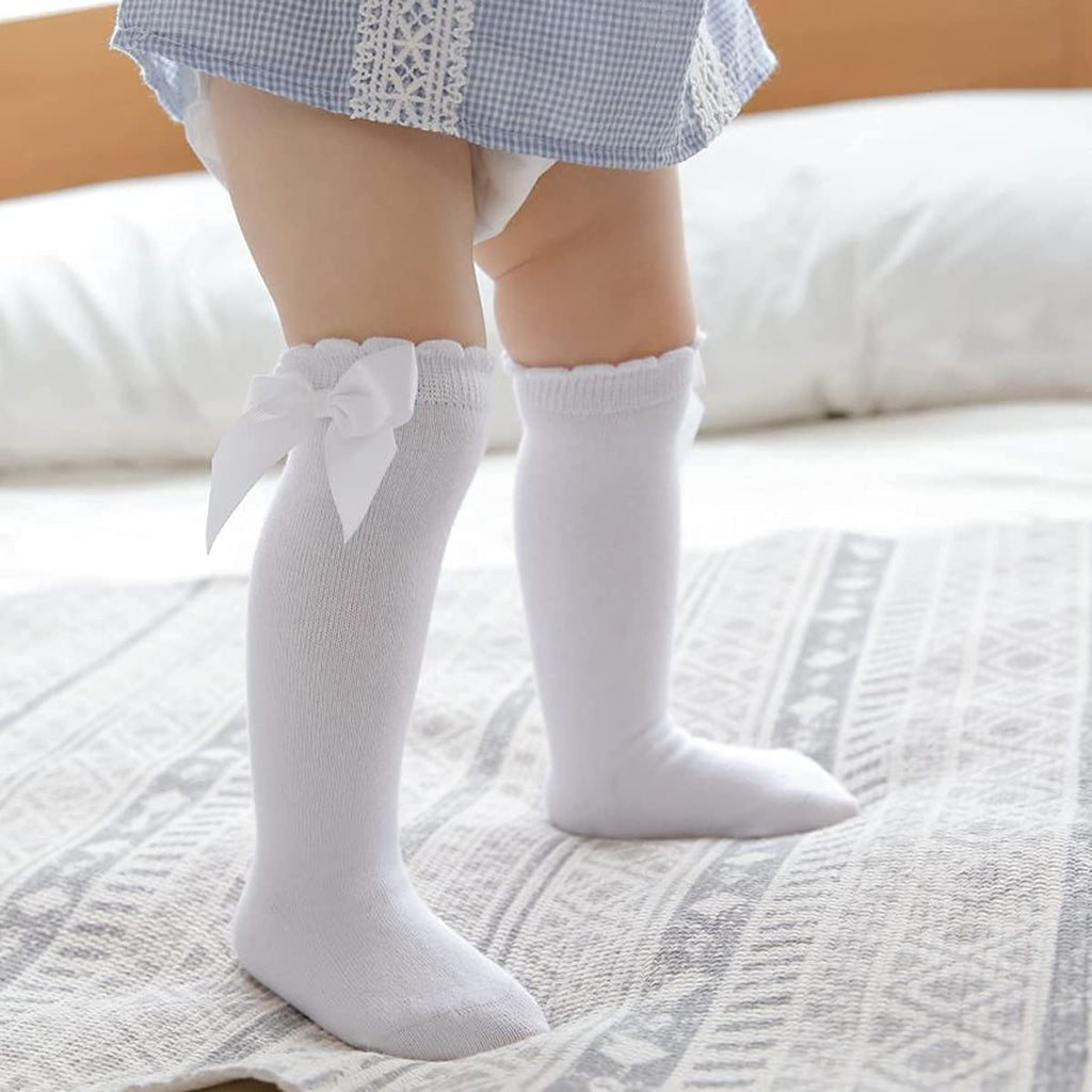 Girls Knee High Bow Socks White - Gracie Roze